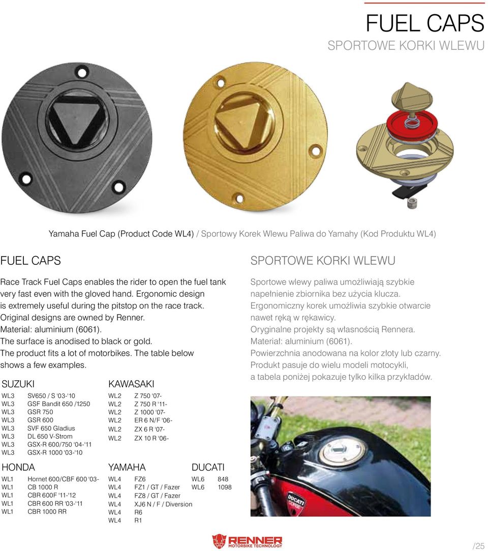 The surface is anodised to black or gold. The product fits a lot of motorbikes. The table below shows a few examples.