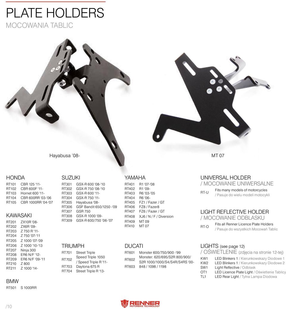 SUZUKI RT301 GSX-R 600 '08-'10 RT302 GSX-R 750 '08-'10 RT303 GSX-R 600 '11- RT304 GSX-R 750 '11- RT305 Hayabusa '08- RT306 GSF Bandit 650/1250 -'09 RT307 GSR 750 RT308 GSX-R 1000 '09- RT309 GSX-R
