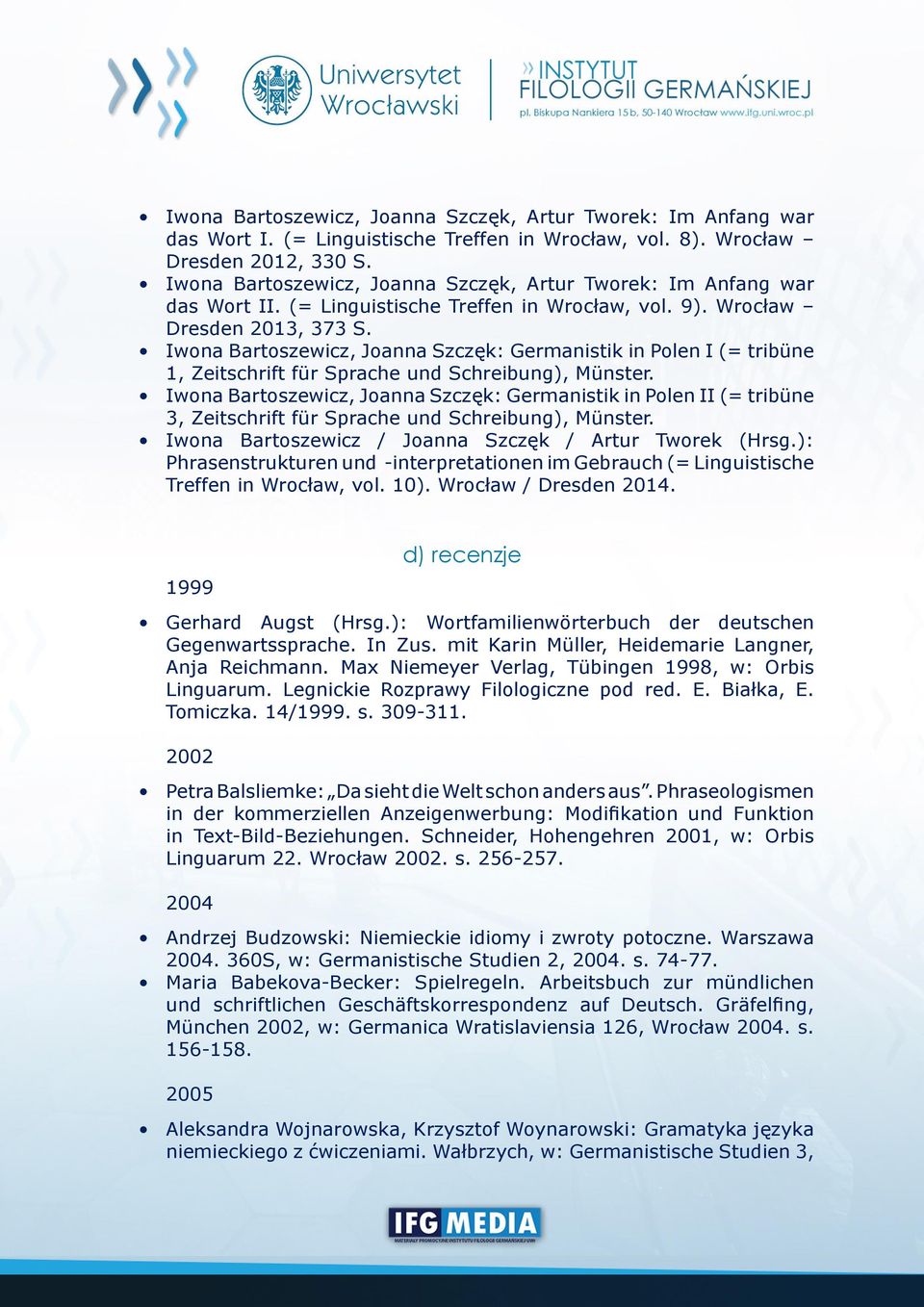 Iwona Bartoszewicz, Joanna Szczęk: Germanistik in Polen I (= tribüne 1, Zeitschrift für Sprache und Schreibung), Münster.