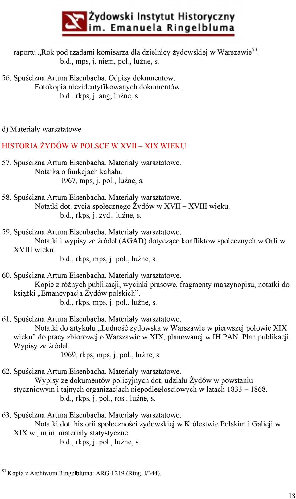 1967, mps, j. pol., luźne, s. 58. Spuścizna Artura Eisenbacha. Materiały warsztatowe. Notatki dot. życia społecznego Żydów w XVII XVIII wieku. b.d., rkps, j. żyd., luźne, s. 59.