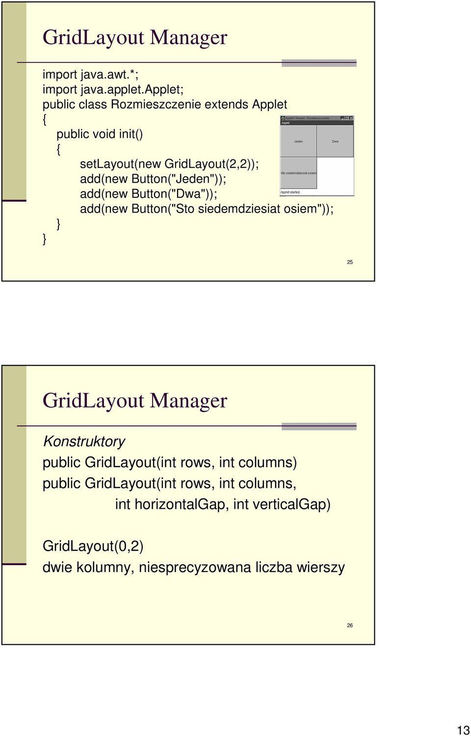 Button("Jeden")); add(new Button("Dwa")); add(new Button("Sto siedemdziesiat osiem")); 25 GridLayout Manager