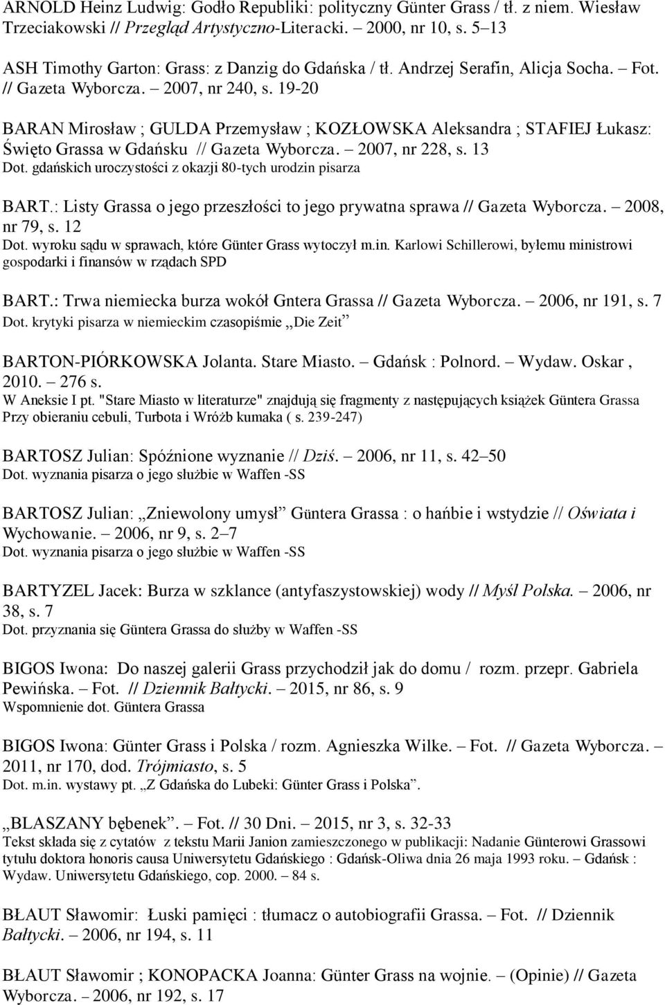 19-20 BARAN Mirosław ; GULDA Przemysław ; KOZŁOWSKA Aleksandra ; STAFIEJ Łukasz: Święto Grassa w Gdańsku // Gazeta Wyborcza. 2007, nr 228, s. 13 Dot.