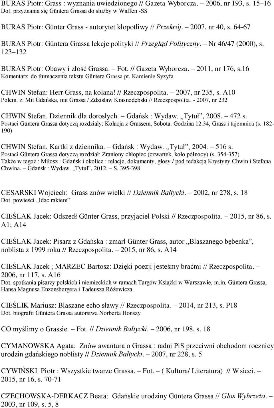 64-67 BURAS Piotr: Güntera Grassa lekcje polityki // Przegląd Polityczny. Nr 46/47 (2000), s. 123 132 BURAS Piotr: Obawy i złość Grassa. Fot. // Gazeta Wyborcza. 2011, nr 176, s.