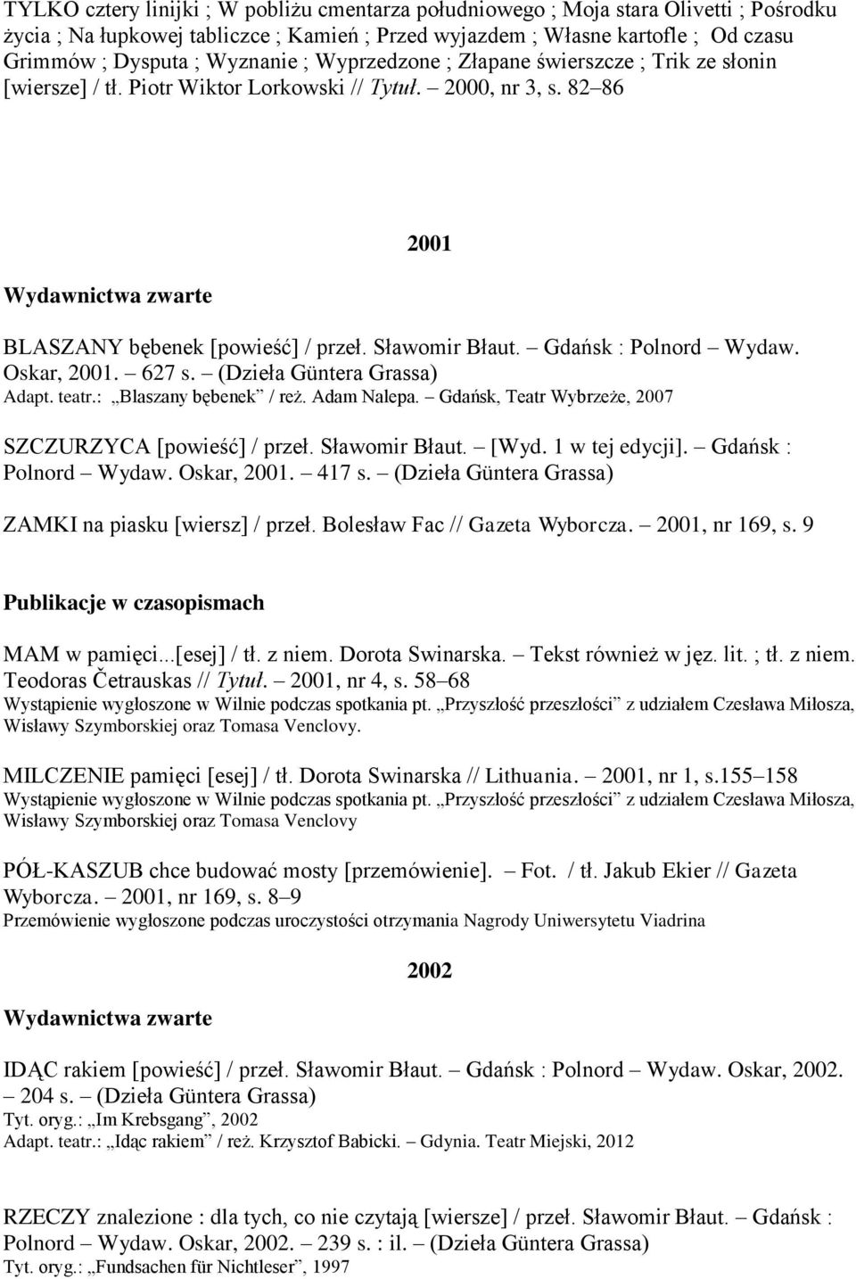 Sławomir Błaut. Gdańsk : Polnord Wydaw. Oskar, 2001. 627 s. (Dzieła Güntera Grassa) Adapt. teatr.: Blaszany bębenek / reż. Adam Nalepa. Gdańsk, Teatr Wybrzeże, 2007 SZCZURZYCA [powieść] / przeł.