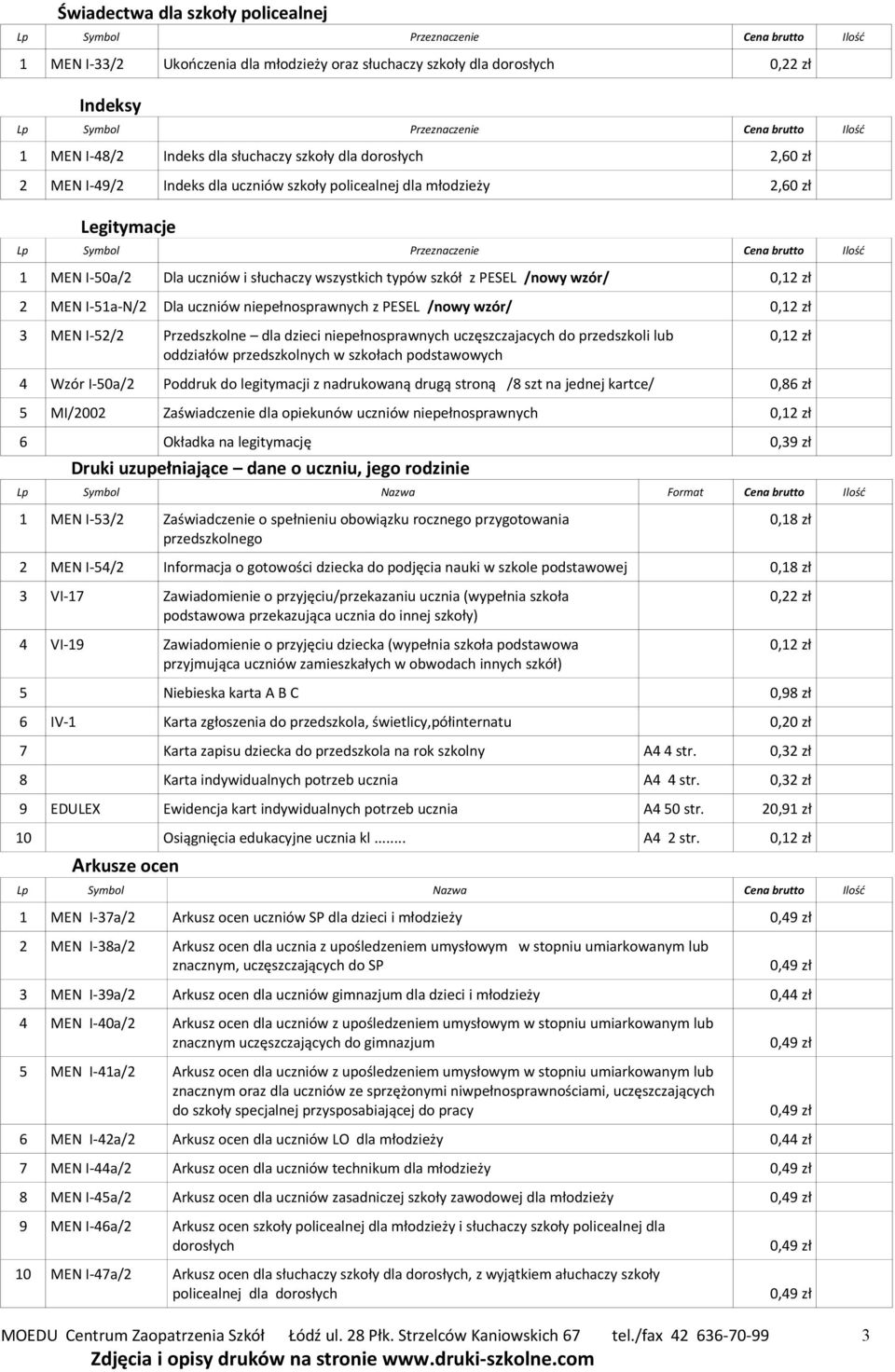 niepełnosprawnych z PESEL /nowy wzór/ 0,12 zł 3 MEN I-52/2 Przedszkolne dla dzieci niepełnosprawnych uczęszczajacych do przedszkoli lub oddziałów przedszkolnych w szkołach podstawowych 0,12 zł 4 Wzór