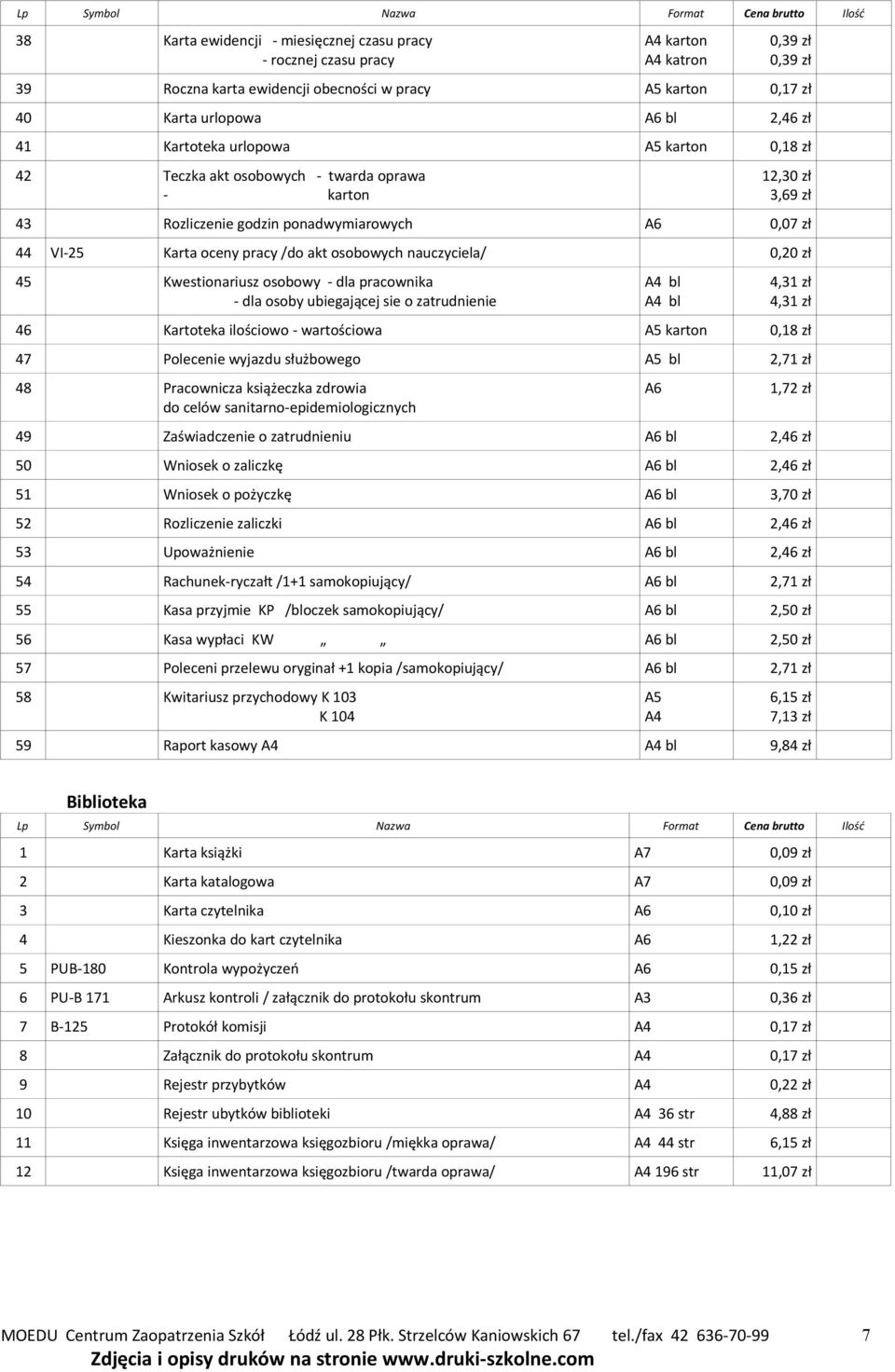 Karta oceny pracy /do akt osobowych nauczyciela/ 0,20 zł 45 Kwestionariusz osobowy - dla pracownika - dla osoby ubiegającej sie o zatrudnienie A4 bl A4 bl 4,31 zł 4,31 zł 46 Kartoteka ilościowo -