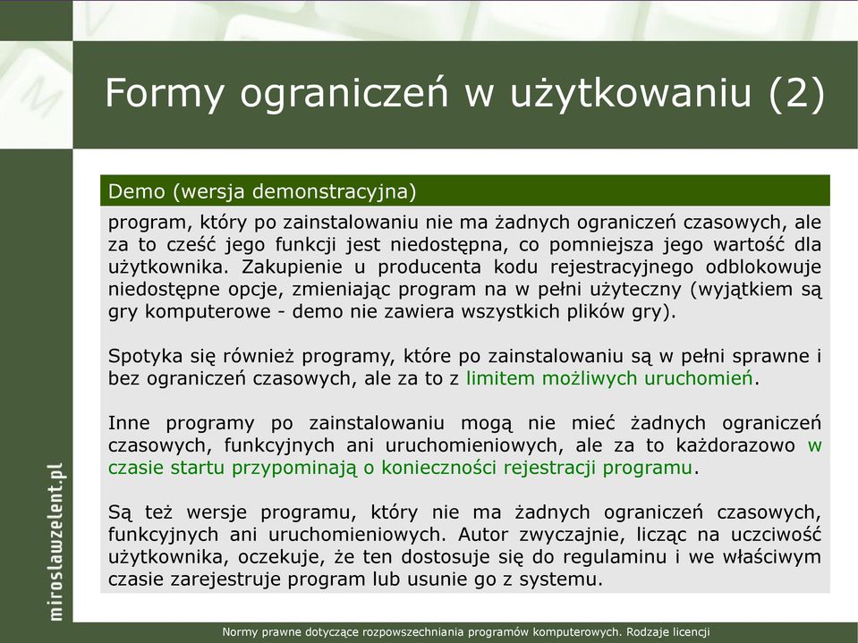 Zakupienie u producenta kodu rejestracyjnego odblokowuje niedostępne opcje, zmieniając program na w pełni użyteczny (wyjątkiem są gry komputerowe - demo nie zawiera wszystkich plików gry).