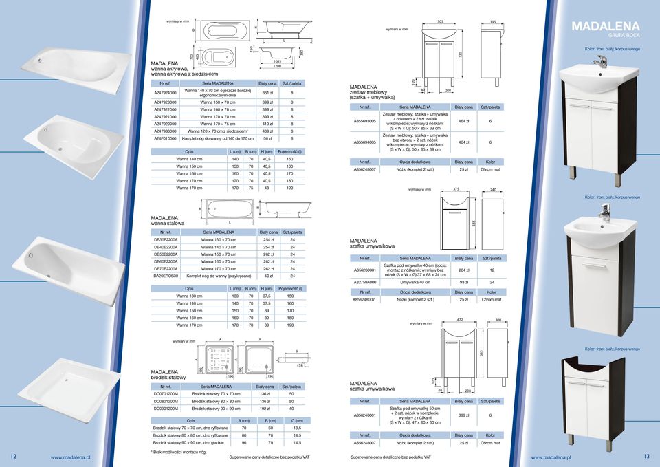 Wanna 170 75 cm 419 zł 8 247980 Wanna 70 cm z siedziskiem* 489 zł 8 24F010000 Komplet nóg do wanny od 140 do 170 cm 56 zł 8 Opis L (cm) (cm) H (cm) Pojemność (l) Wanna 140 cm 140 70 40,5 150 Wanna