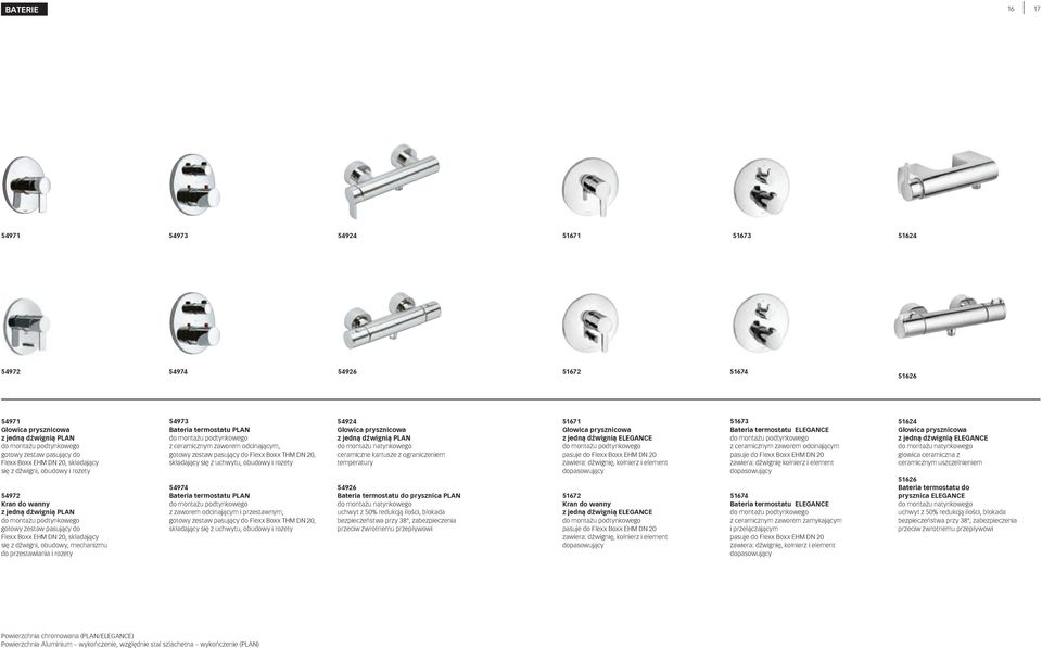 dźwignią PLAN do montażu natynkowego ceramiczne kartusze z ograniczeniem temperatury 51671 Głowica prysznicowa z jedną dźwignią ELEGANCE pasuje do flexx boxx ehm dn 20 zawiera: dźwignię, kołnierz i