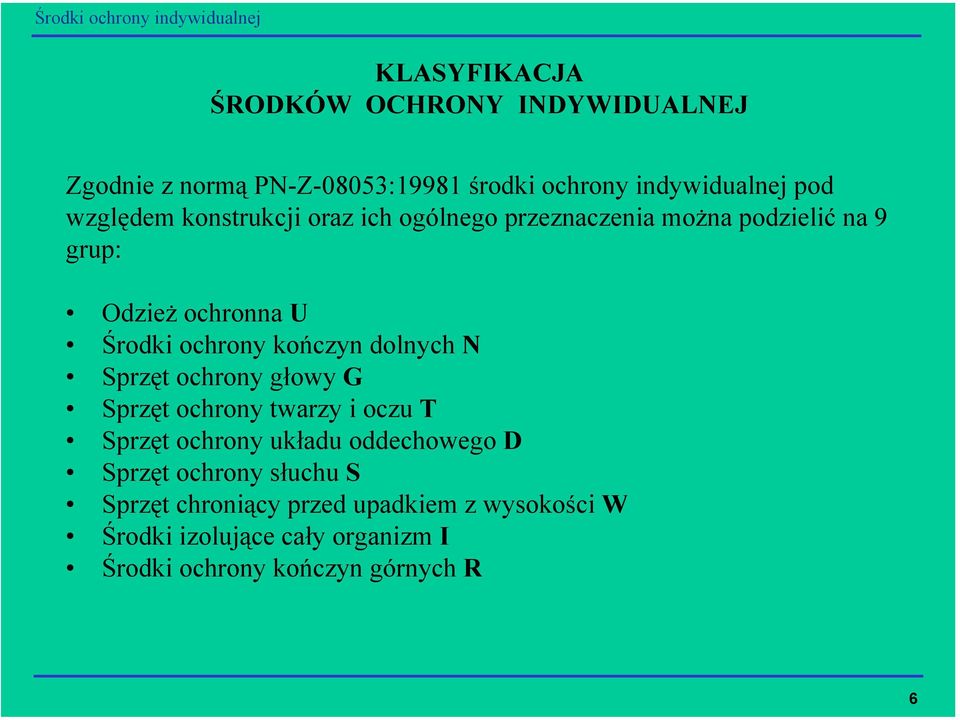 ochrony kończyn dolnych N Sprzęt ochrony głowy G Sprzęt ochrony twarzy i oczu T Sprzęt ochrony układu oddechowego D Sprzęt