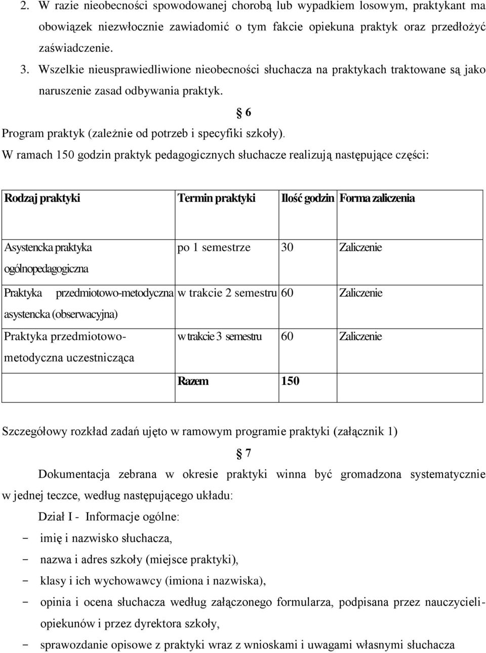 W ramach 150 godzin praktyk pedagogicznych słuchacze realizują następujące części: Rodzaj praktyki Termin praktyki Ilość godzin Forma zaliczenia Asystencka praktyka ogólnopedagogiczna po 1 semestrze