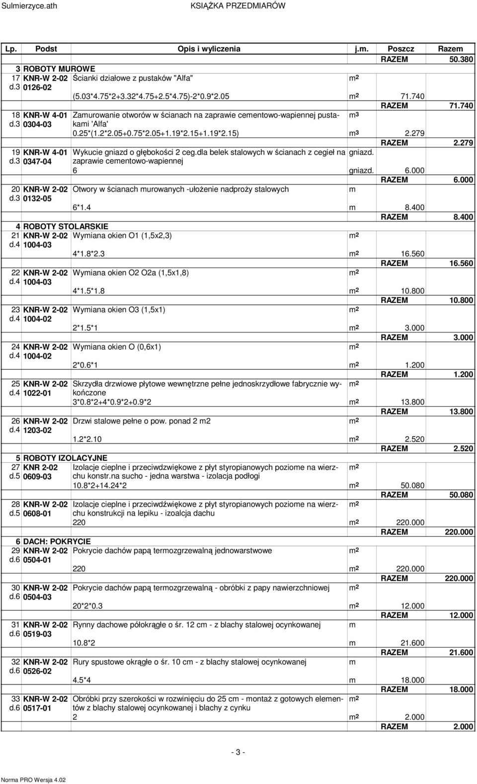 2*2.05+0.75*2.05+1.19*2.15+1.19*2.15) m 3 2.279 RAZEM 2.279 Wykucie gniazd o głębokości 2 ceg.dla belek salowych w ścianach z cegieł na gniazd. zaprawie cemenowo-wapiennej 6 gniazd. 6.000 RAZEM 6.