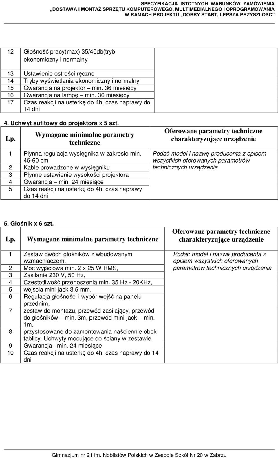 45-60 cm 2 Kable prowadzone w wysięgniku 3 Płynne ustawienie wysokości projektora 4 Gwarancja min.