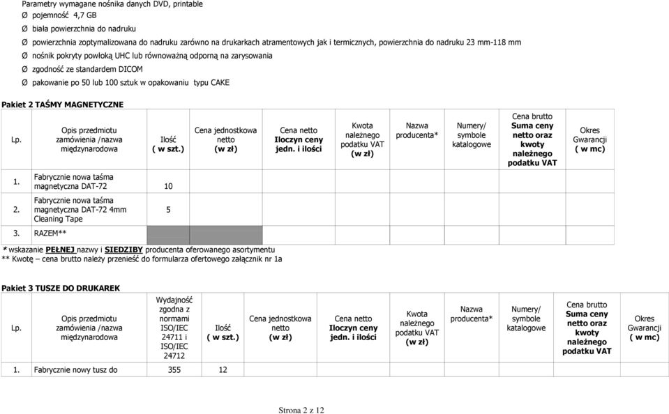 opakowaniu typu CAKE Pakiet 2 TAŚMY MAGNETYCZNE Iloczyn ceny jedn. i ilości Suma ceny oraz kwoty 1. Fabrycznie nowa taśma magnetyczna DAT-72 10 2.