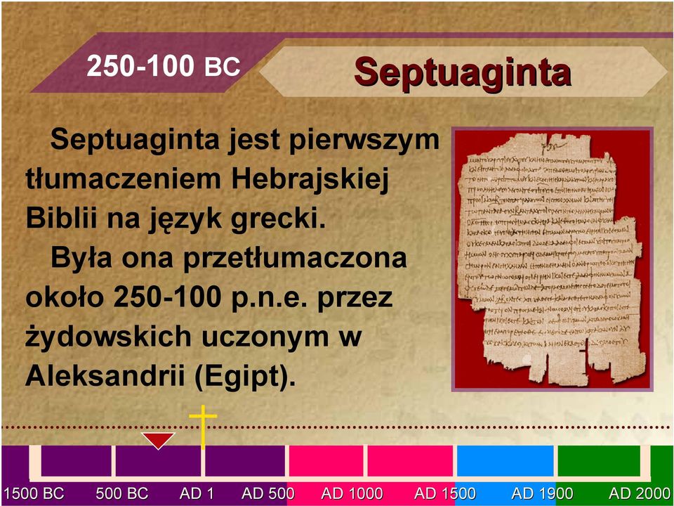 Była ona przetłumaczona około 250-100 p.n.e. przez żydowskich uczonym w Aleksandrii (Egipt).