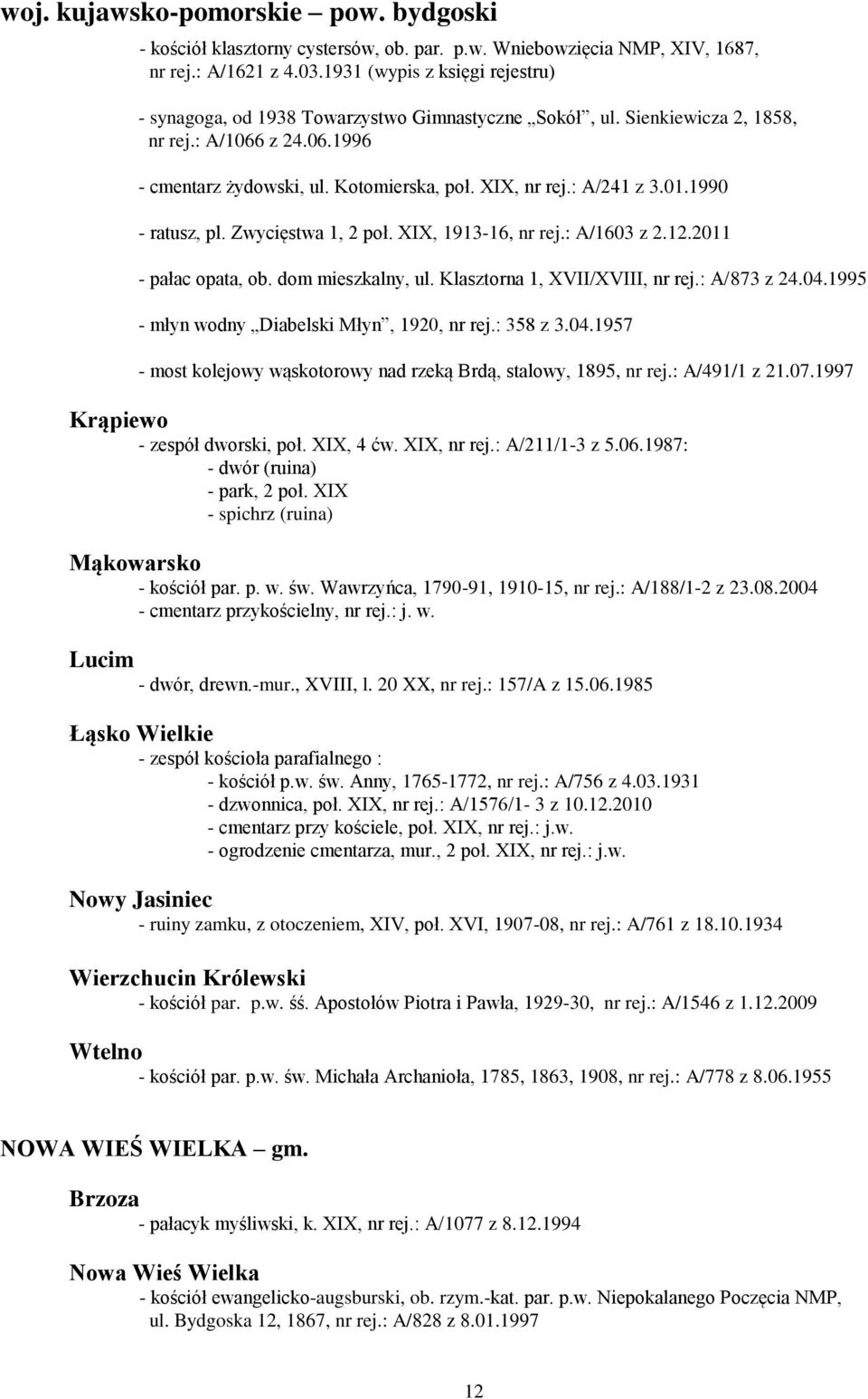 : A/241 z 3.01.1990 - ratusz, pl. Zwycięstwa 1, 2 poł. XIX, 1913-16, nr rej.: A/1603 z 2.12.2011 - pałac opata, ob. dom mieszkalny, ul. Klasztorna 1, XVII/XVIII, nr rej.: A/873 z 24.04.
