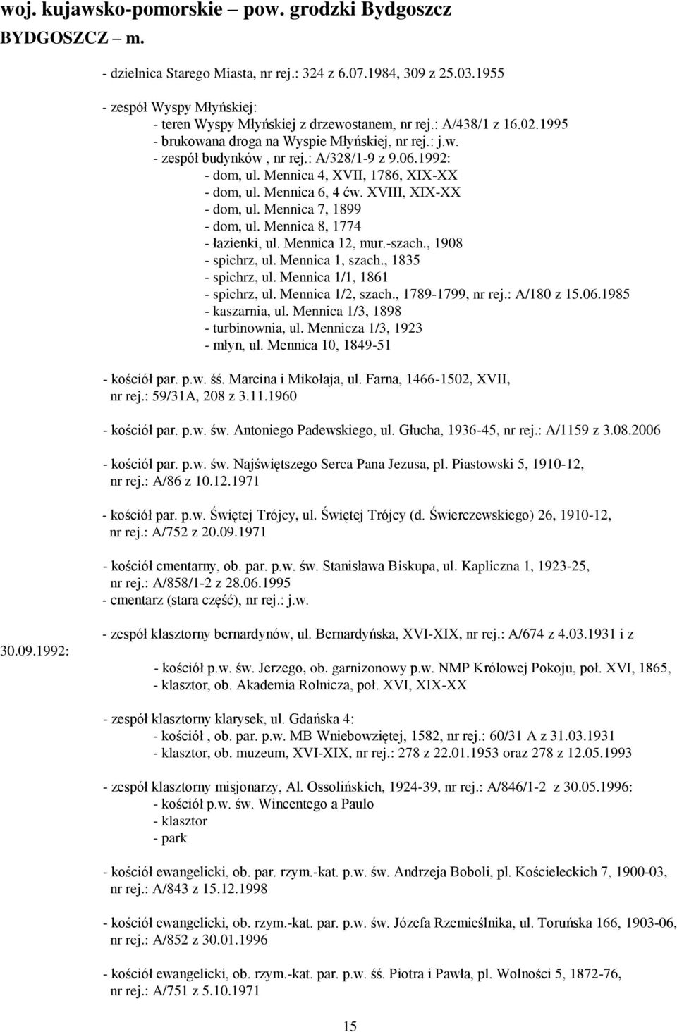 1992: - dom, ul. Mennica 4, XVII, 1786, XIX-XX - dom, ul. Mennica 6, 4 ćw. XVIII, XIX-XX - dom, ul. Mennica 7, 1899 - dom, ul. Mennica 8, 1774 - łazienki, ul. Mennica 12, mur.-szach.