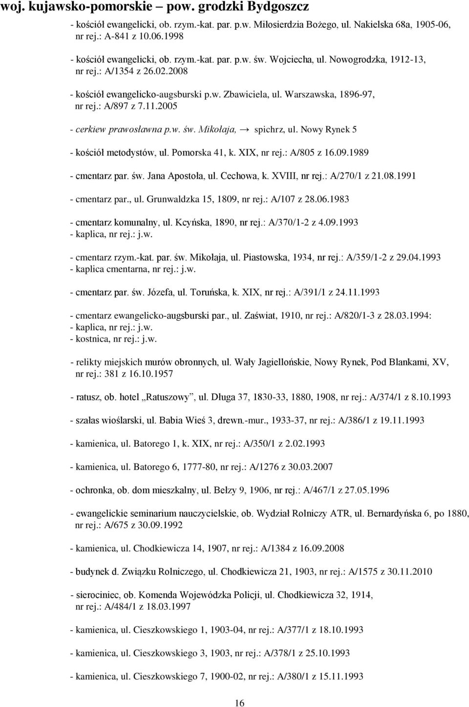 2005 - cerkiew prawosławna p.w. św. Mikołaja, spichrz, ul. Nowy Rynek 5 - kościół metodystów, ul. Pomorska 41, k. XIX, nr rej.: A/805 z 16.09.1989 - cmentarz par. św. Jana Apostoła, ul. Cechowa, k.