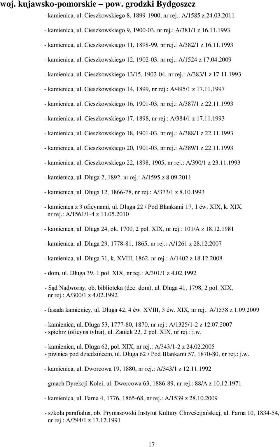 : A/383/1 z 17.11.1993 - kamienica, ul. Cieszkowskiego 14, 1899, nr rej.: A/495/1 z 17.11.1997 - kamienica, ul. Cieszkowskiego 16, 1901-03, nr rej.: A/387/1 z 22.11.1993 - kamienica, ul. Cieszkowskiego 17, 1898, nr rej.