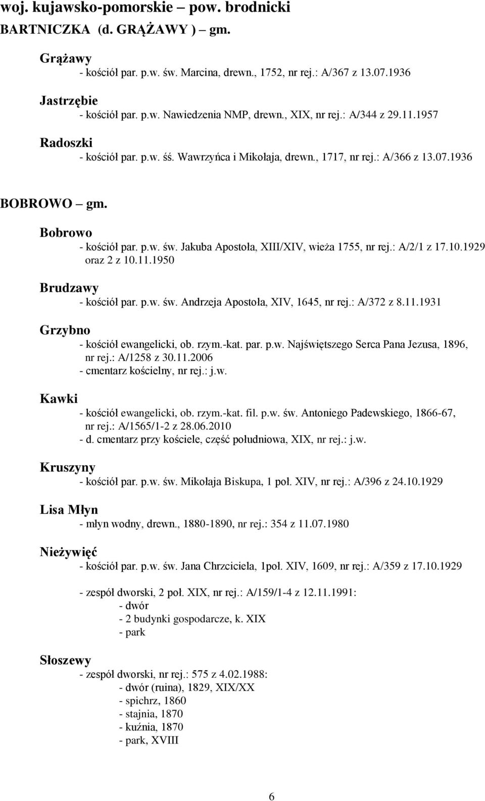 Jakuba Apostoła, XIII/XIV, wieża 1755, nr rej.: A/2/1 z 17.10.1929 oraz 2 z 10.11.1950 Brudzawy - kościół par. p.w. św. Andrzeja Apostoła, XIV, 1645, nr rej.: A/372 z 8.11.1931 Grzybno - kościół ewangelicki, ob.