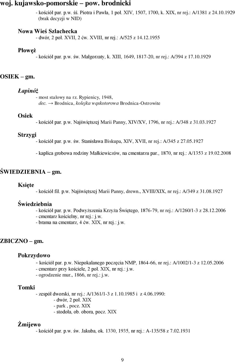 Rypienicy, 1948, dec. Brodnica, kolejka wąskotorowa Brodnica-Ostrowite Osiek - kościół par. p.w. Najświętszej Marii Panny, XIV/XV, 1796, nr rej.: A/348 z 31.03.1927 Strzygi - kościół par. p.w. św.