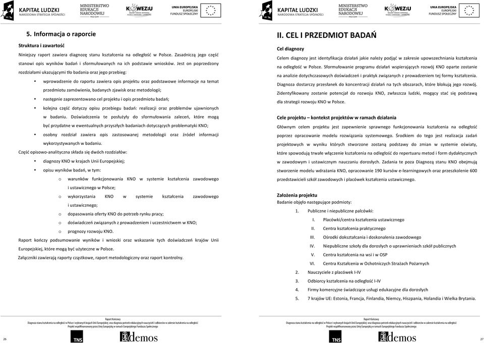 Jest on poprzedzony rozdziałami ukazującymi tło badania oraz jego przebieg: wprowadzenie do raportu zawiera opis projektu oraz podstawowe informacje na temat przedmiotu zamówienia, badanych zjawisk