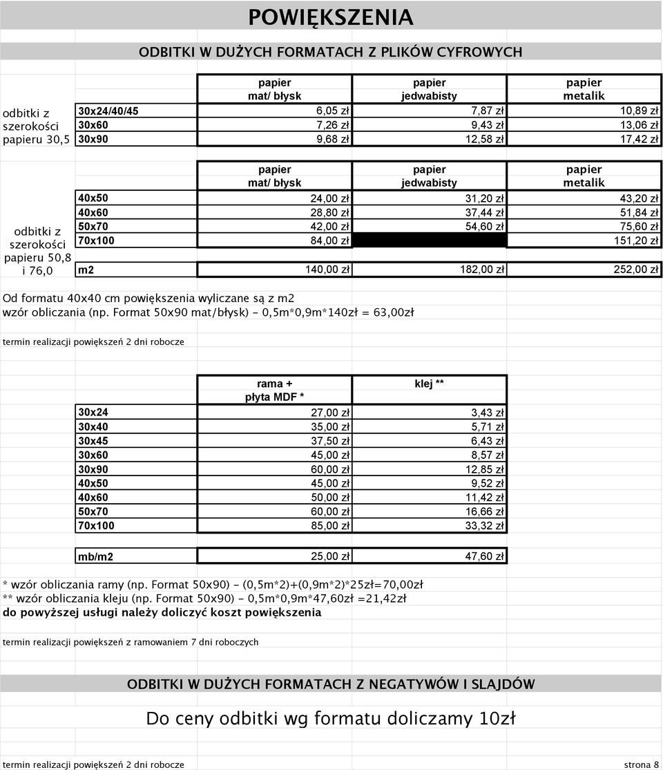 75,60 zł szerokości 70x100 84,00 zł 151,20 zł papieru 50,8 i 76,0 m2 140,00 zł 182,00 zł 252,00 zł Od formatu 40x40 cm powiększenia wyliczane są z m2 wzór obliczania (np.