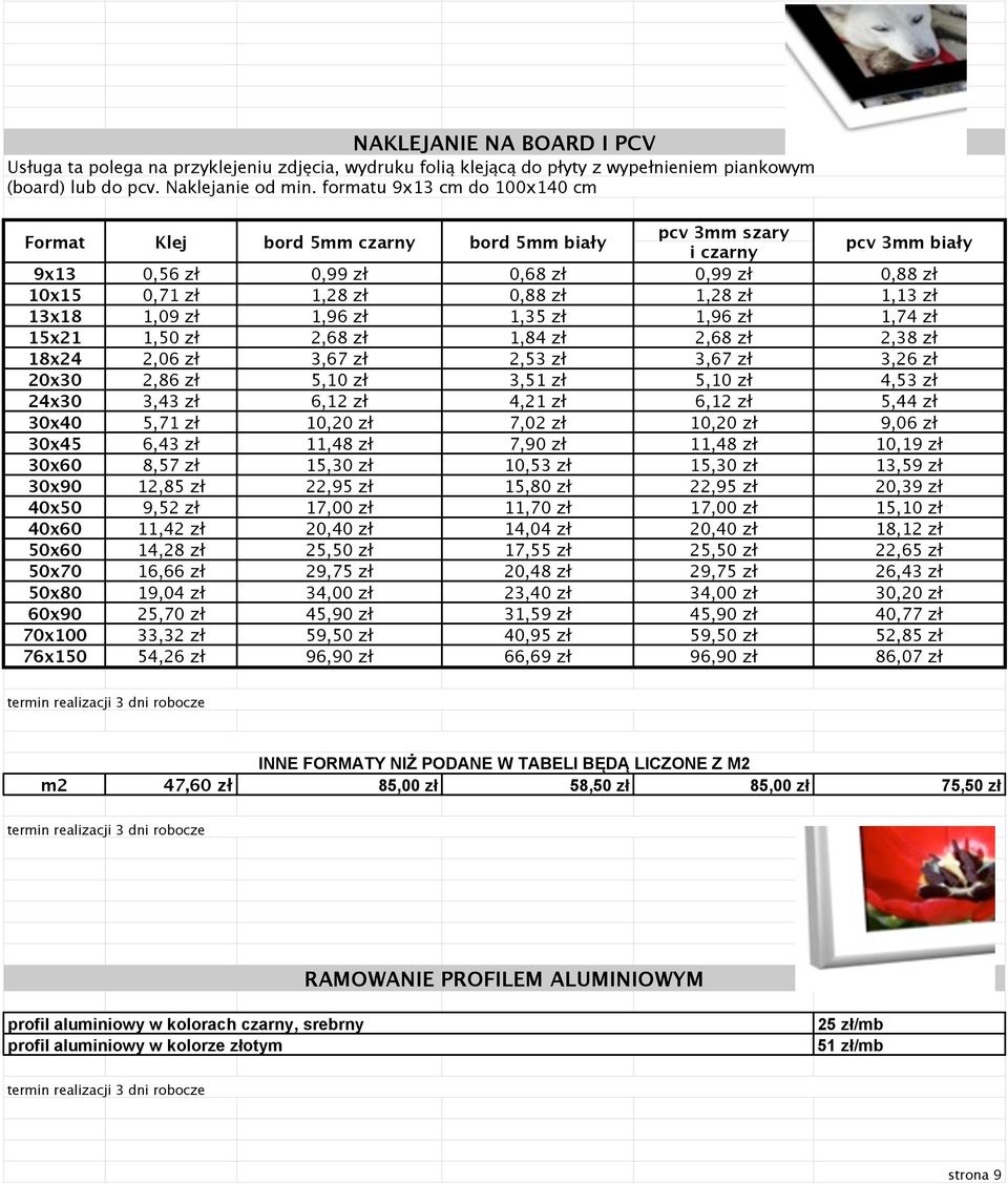 zł 13x18 1,09 zł 1,96 zł 1,35 zł 1,96 zł 1,74 zł 15x21 1,50 zł 2,68 zł 1,84 zł 2,68 zł 2,38 zł 18x24 2,06 zł 3,67 zł 2,53 zł 3,67 zł 3,26 zł 20x30 2,86 zł 5,10 zł 3,51 zł 5,10 zł 4,53 zł 24x30 3,43