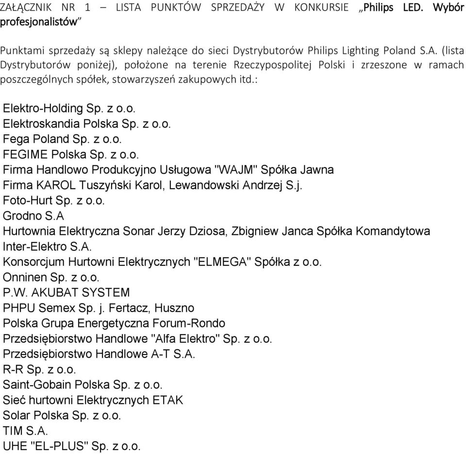 j. Foto-Hurt Sp. z o.o. Grodno S.A Hurtownia Elektryczna Sonar Jerzy Dziosa, Zbigniew Janca Spółka Komandytowa Inter-Elektro S.A. Konsorcjum Hurtowni Elektrycznych "ELMEGA" Spółka z o.o. Onninen Sp.