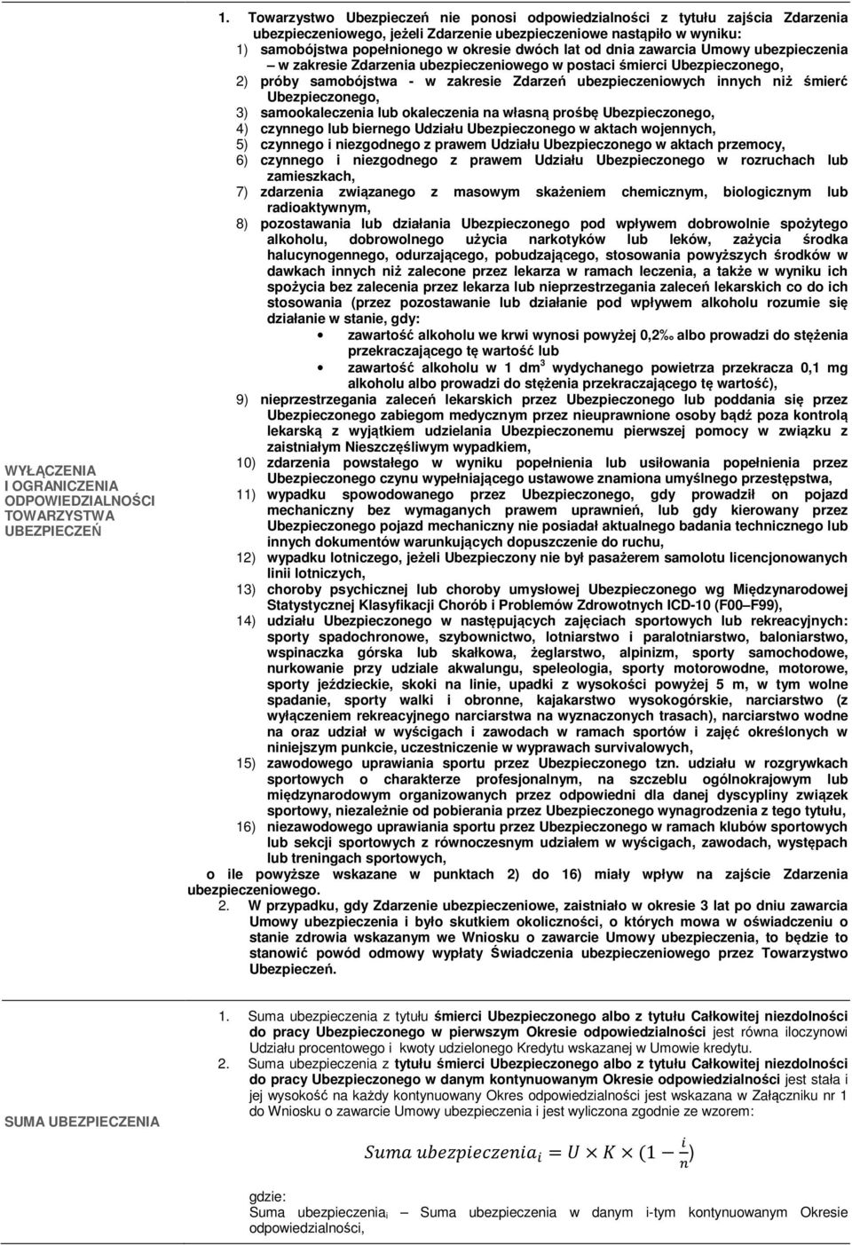 od dnia zawarcia Umowy ubezpieczenia w zakresie Zdarzenia ubezpieczeniowego w postaci śmierci Ubezpieczonego, 2) próby samobójstwa - w zakresie Zdarzeń ubezpieczeniowych innych niż śmierć