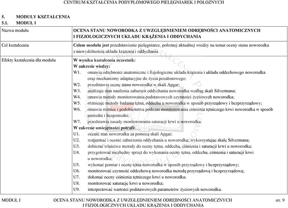 przedstawienie pielęgniarce, położnej aktualnej wiedzy na temat oceny stanu noworodka z niewydolnością układu krążenia i oddychania. W wyniku kształcenia uczestnik: W zakresie wiedzy: W1.