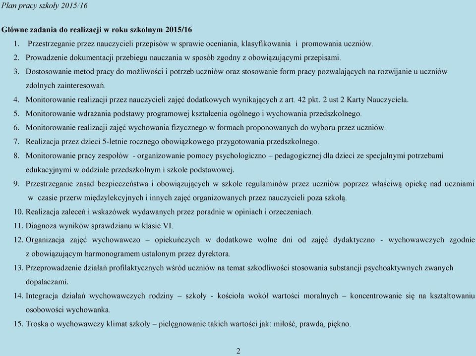 Monitorowanie realizacji przez nauczycieli zajęć dodatkowych wynikających z art. 42 pkt. 2 ust 2 Karty Nauczyciela. 5.