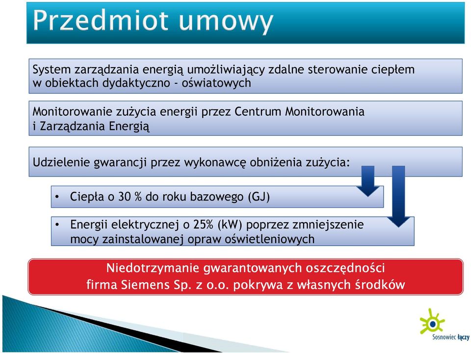 obniżenia zużycia: Ciepła o 30 % do roku bazowego (GJ) Energii elektrycznej o 25% (kw) poprzez zmniejszenie mocy