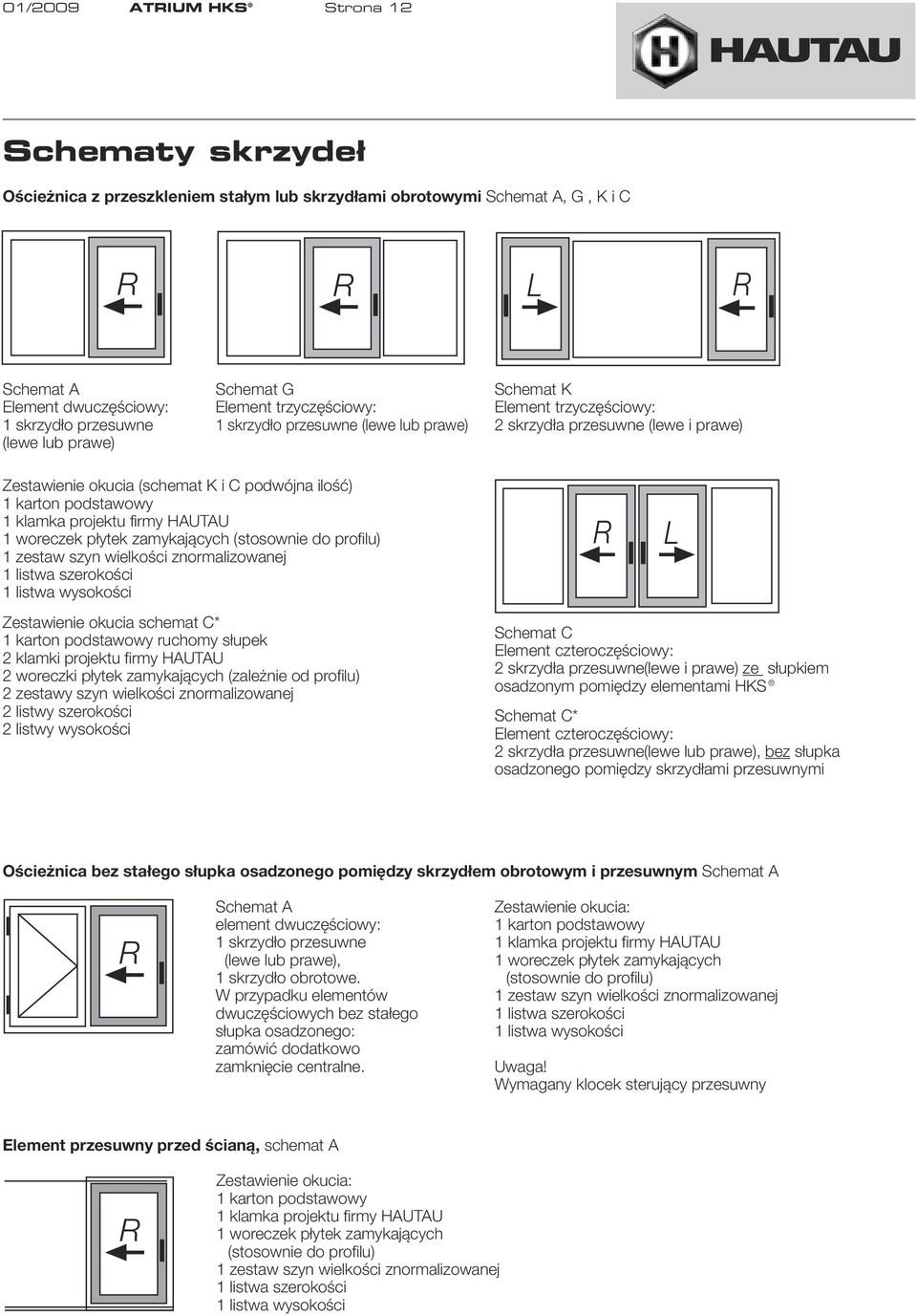 podstawowy 1 klamka projektu firmy HAUTAU 1 woreczek płytek zamykających (stosownie do profilu) 1 zestaw szyn wielkości znormalizowanej 1 listwa szerokości 1 listwa wysokości Zestawienie okucia