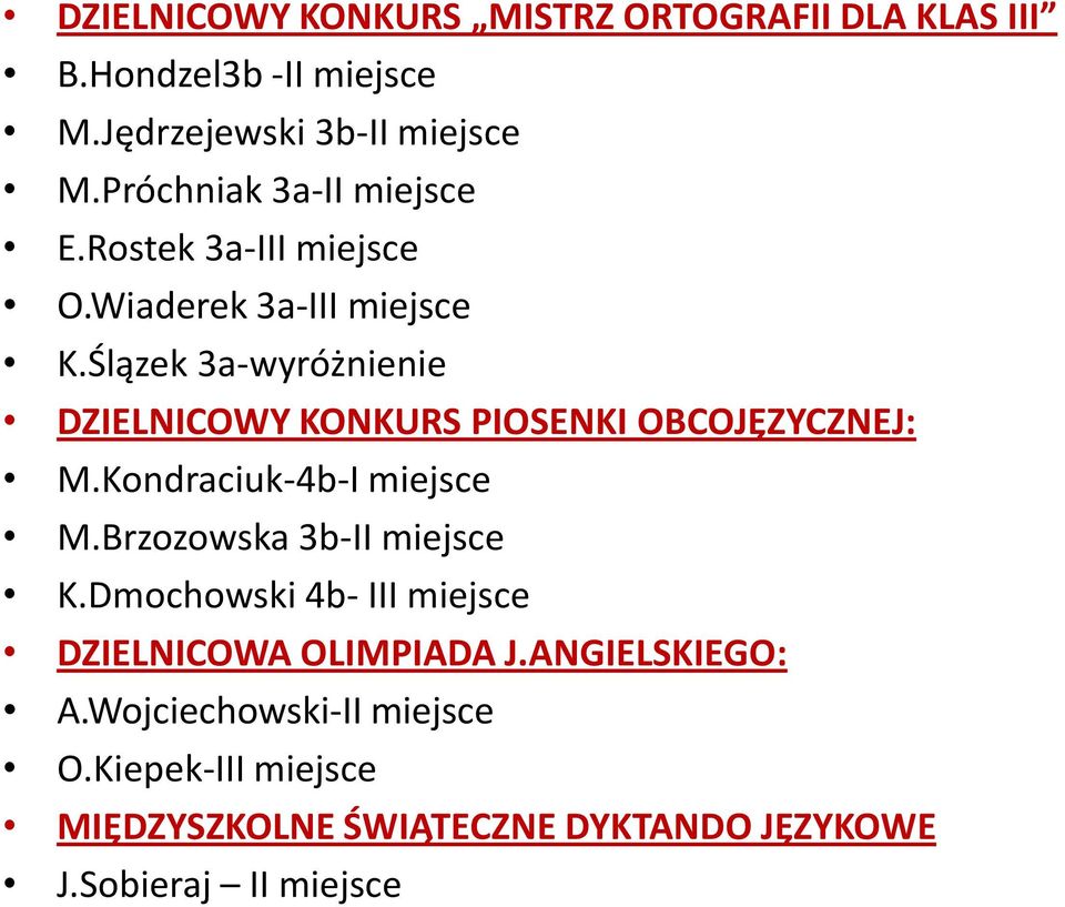 Ślązek 3a-wyróżnienie DZIELNICOWY KONKURS PIOSENKI OBCOJĘZYCZNEJ: M.Kondraciuk-4b-I miejsce M.