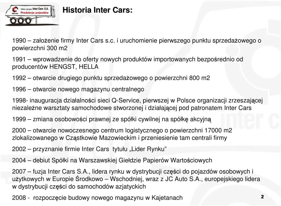 sprzedaŝowego o powierzchni 800 m2 1996 otwarcie nowego magazynu centralnego 1998- inauguracja działalności sieci Q-Service, pierwszej w Polsce organizacji zrzeszającej niezaleŝne warsztaty