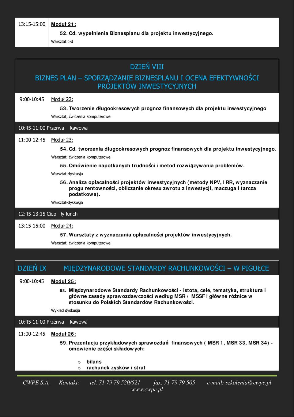 Tworzenie długookresowych prognoz finansowych dla projektu inwestycyjnego Warsztat, ćwiczenia komputerowe 11:00-12:45 Moduł 23: 54. Cd.