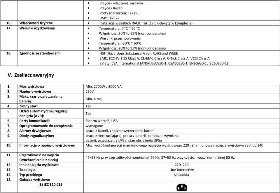 Zgodność ze standardami HSF (Hazardous Substance Free): RoHS and WEEE EMC: FCC Part 15 Class A, CE-EMC Class A, C-Tick Class A, VCCI Class A Safety: CSA International (ANS/UL60950-1, CSA60950-1,