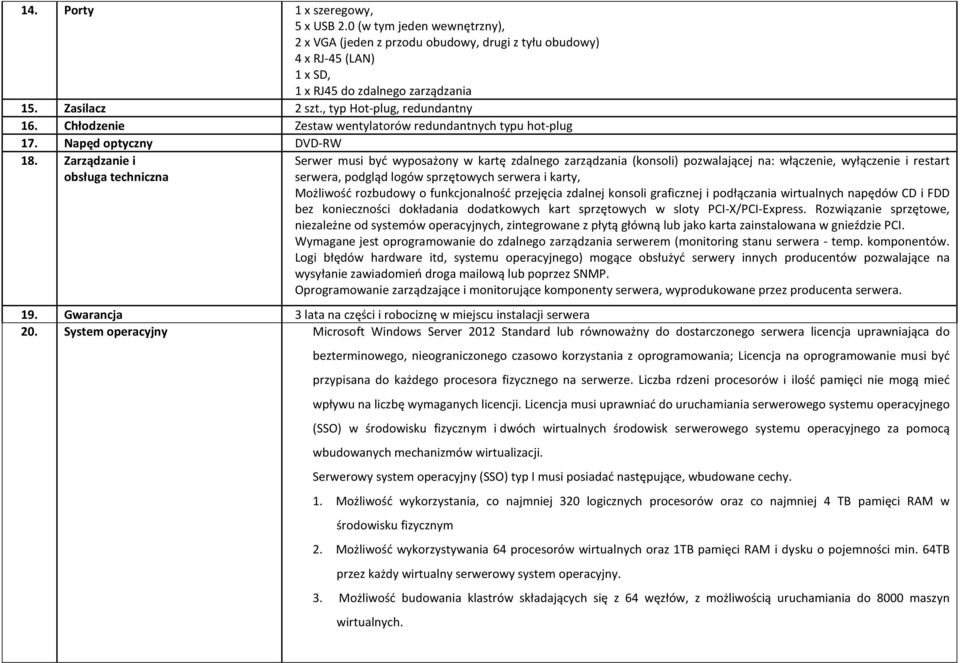 Zarządzanie i obsługa techniczna Serwer musi być wyposażony w kartę zdalnego zarządzania (konsoli) pozwalającej na: włączenie, wyłączenie i restart serwera, podgląd logów sprzętowych serwera i karty,
