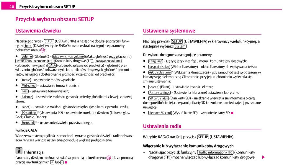 głośność przy włączaniu), Traffic announcements (TP) (Komunikaty drogowe (TP)), Navigation volume (Głośność nawigacji) i GALA (Głośność zależna od prędkości) głośność przy włączaniu, głośność