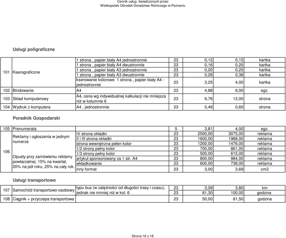 103 Skład komputerowy A4, cena wg indywidualnej kalkulacji nie mniejsza niż w kolumnie 6 9,76 12,00 strona 104 Wydruk z komputera A4, jednostronnie 0,49 0,60 strona Poradnik Gospodarski 105