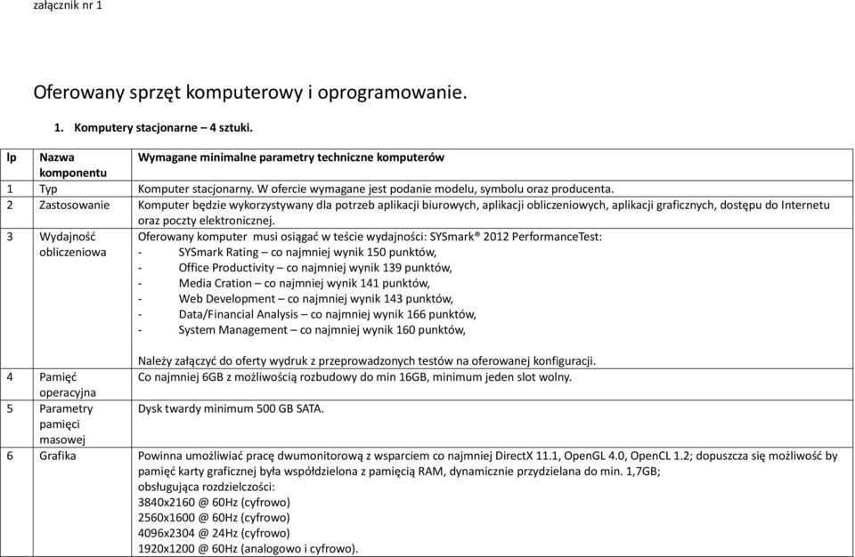 2 Zastosowanie Komputer będzie wykorzystywany dla potrzeb aplikacji biurowych, aplikacji obliczeniowych, aplikacji graficznych, dostępu do Internetu oraz poczty elektronicznej.