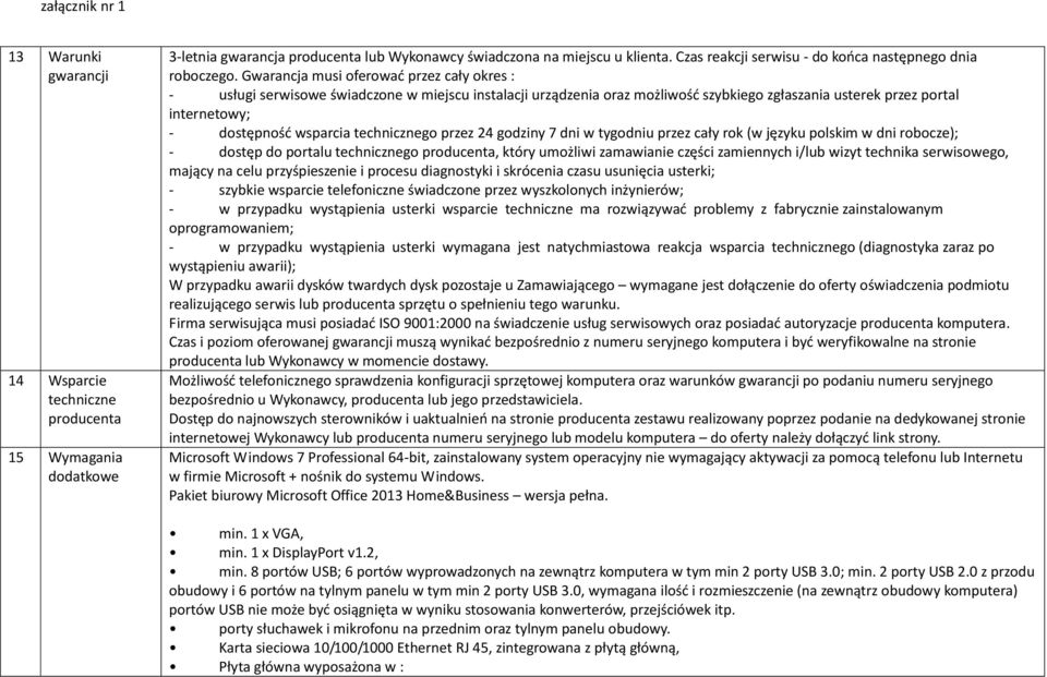 Gwarancja musi oferować przez cały okres : - usługi serwisowe świadczone w miejscu instalacji urządzenia oraz możliwość szybkiego zgłaszania usterek przez portal internetowy; - dostępność wsparcia