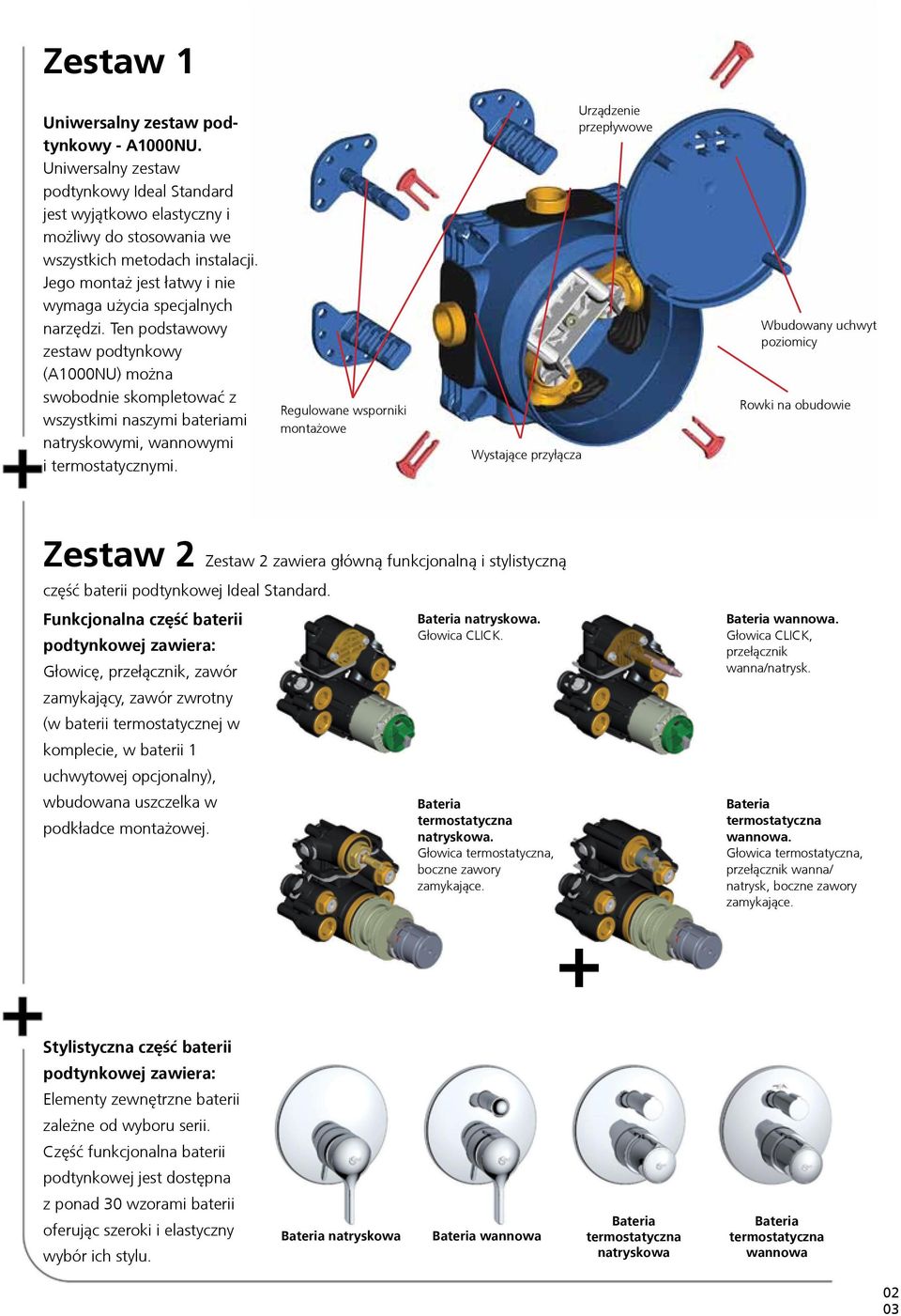 Ten podstawowy zestaw podtynkowy (A1000NU) można swobodnie skompletować z wszystkimi naszymi bateriami natryskowymi, wannowymi i termostatycznymi.