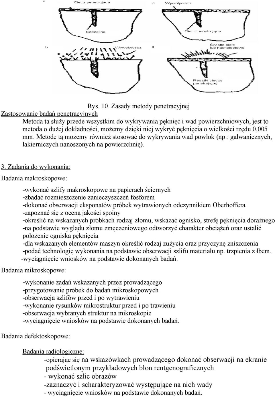 wykryć pęknięcia o wielkości rzędu 0,005 mm. Metodę tą możemy również stosować do wykrywania wad powłok (np.: galwanicznych, lakierniczych nanoszonych na powierzchnię). 3.