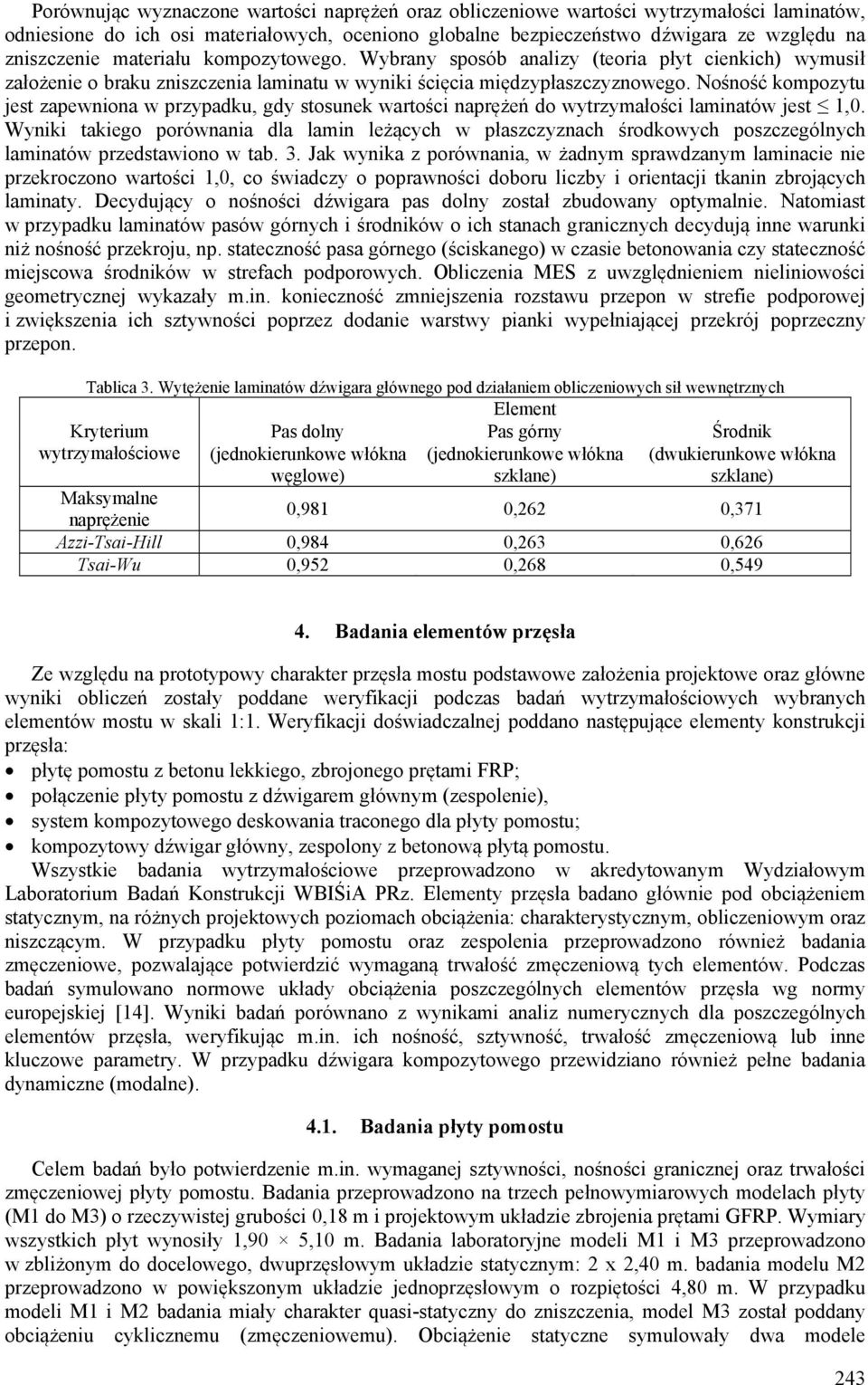 Nośność kompozytu jest zapewniona w przypadku, gdy stosunek wartości naprężeń do wytrzymałości laminatów jest 1,0.