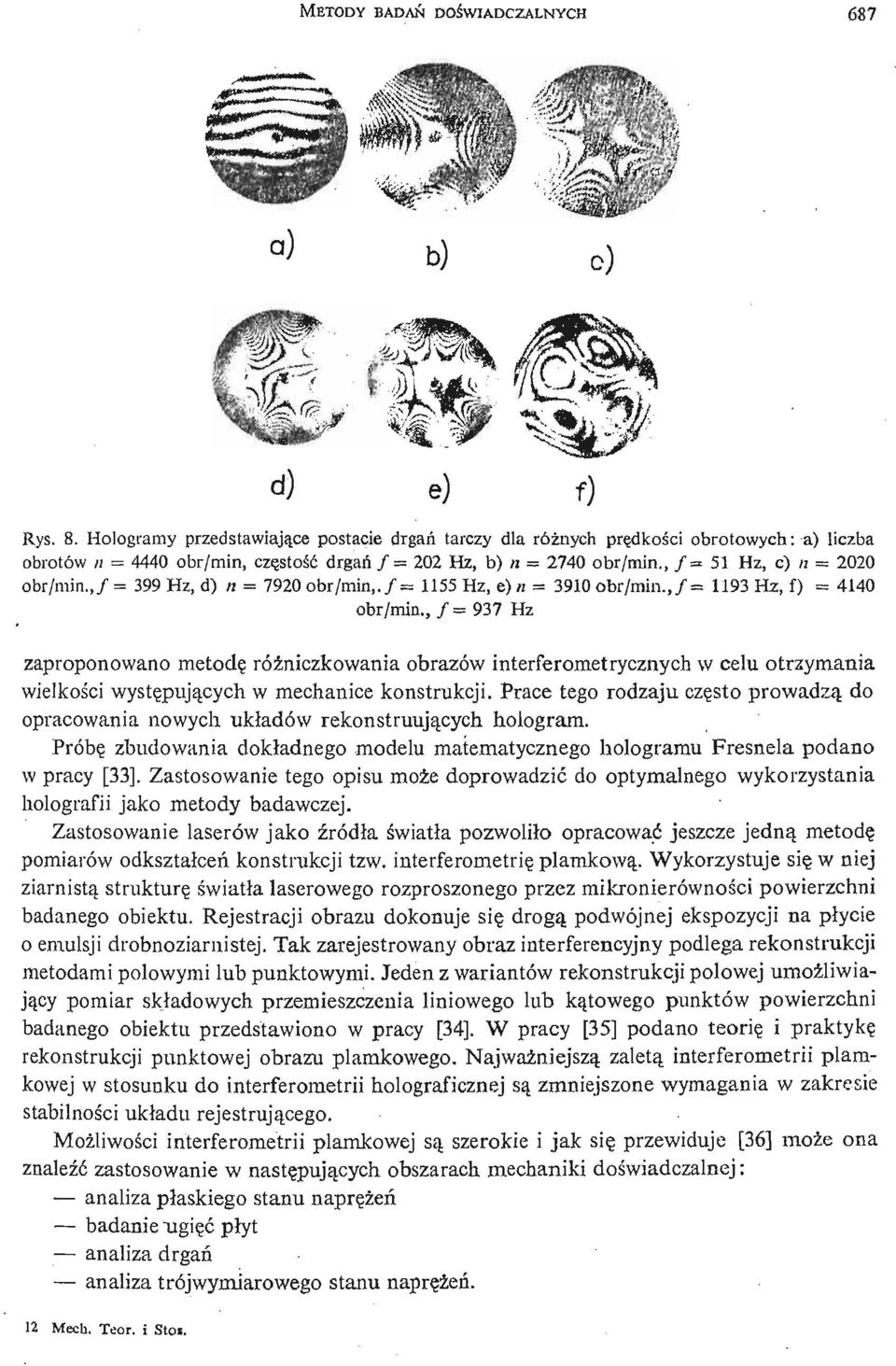 , / = 51 Hz, c) «= 2020 obr/ min.,/ = 399 Hz, d) n = 7920 obr/ min,./ = 1155 Hz, e) n = 3910 obr/ min.,/ = 1193 Hz, f) = 4140 obr/ min.