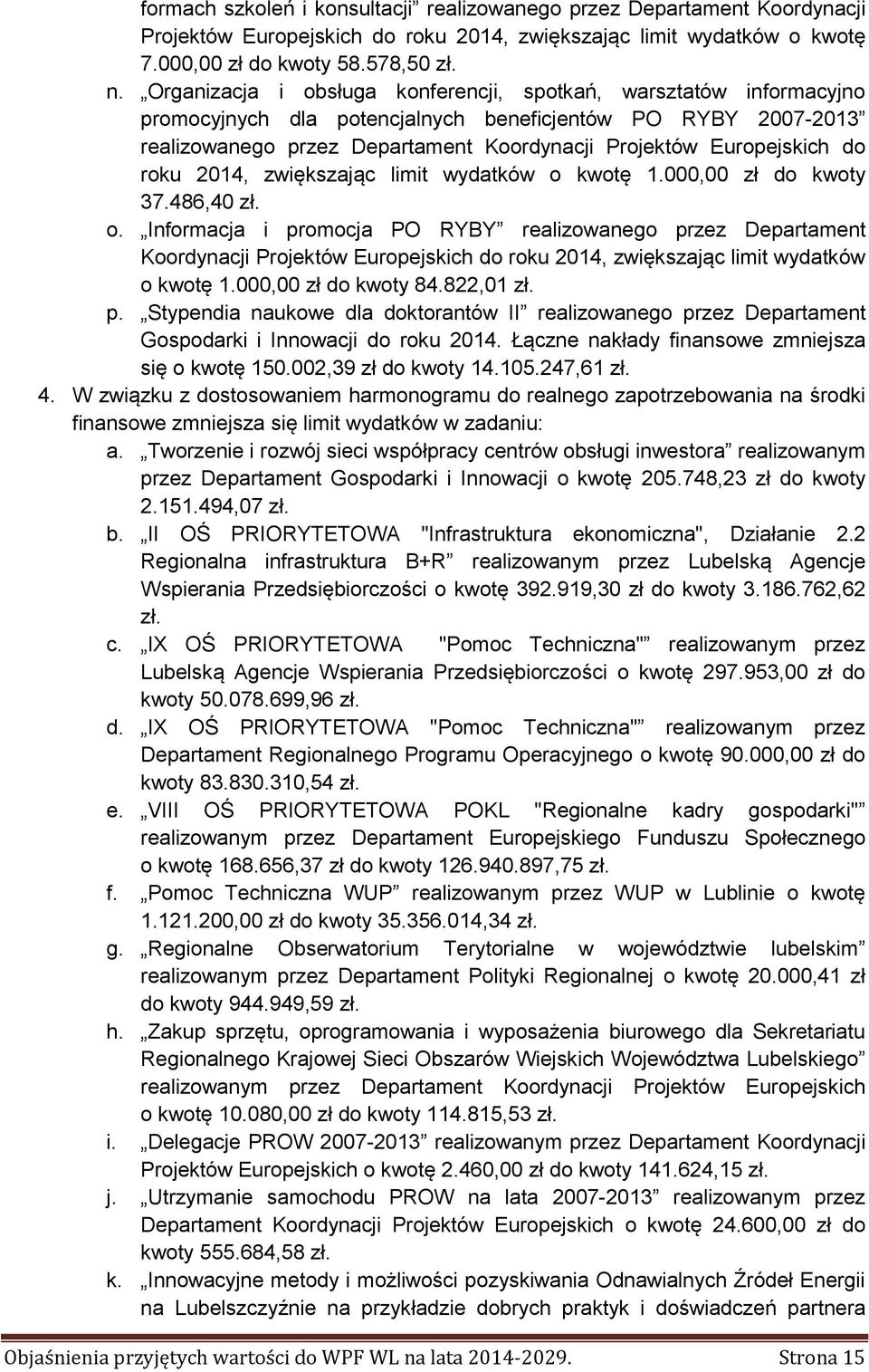 do roku 2014, zwiększając limit wydatków o kwotę 1.000,00 zł do kwoty 37.486,40 zł. o. Informacja i promocja PO RYBY realizowanego przez Departament Koordynacji Projektów Europejskich do roku 2014, zwiększając limit wydatków o kwotę 1.