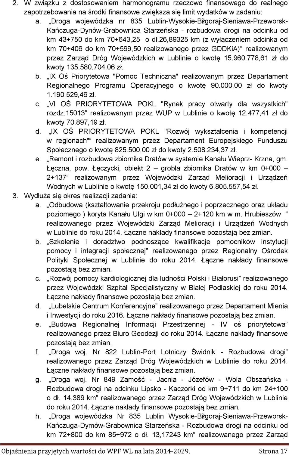 26,89325 km (z wyłączeniem odcinka od km 70+406 do km 70+599,50 realizowanego przez GDDKiA) realizowanym przez Zarząd Dróg Wojewódzkich w Lublinie o kwotę 15.960.778,61 zł do kwoty 135.580.704,06 zł.