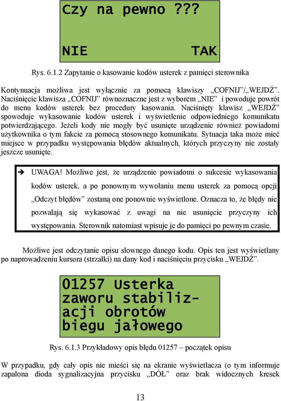 Naciśnięty klawisz WEJDŹ spowoduje wykasowanie kodów usterek i wyświetlenie odpowiedniego komunikatu potwierdzającego.